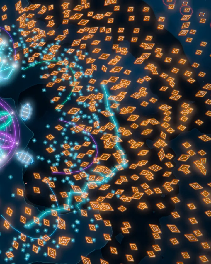 Act one: a swarm of orange-red crystal shards closing on the player's ship