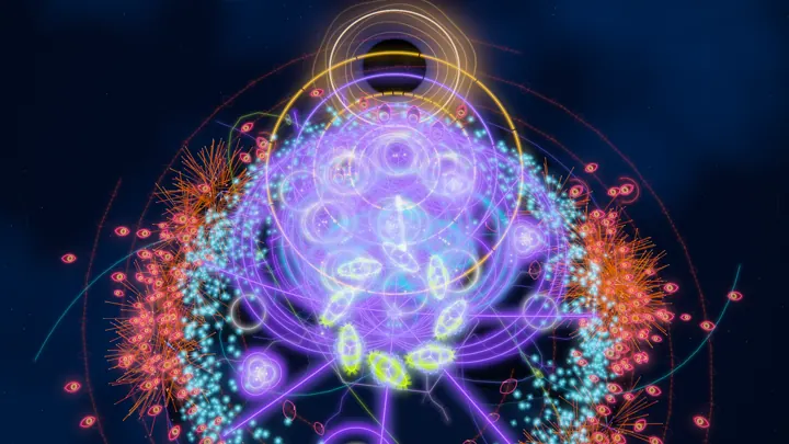 The boss fight: a huge glowing orb ringed by crimson eyes