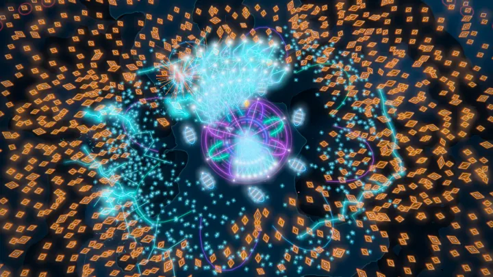 A dense swarm of shards around the ship