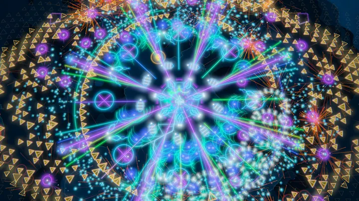 Beams of light fan out through a gold swarm